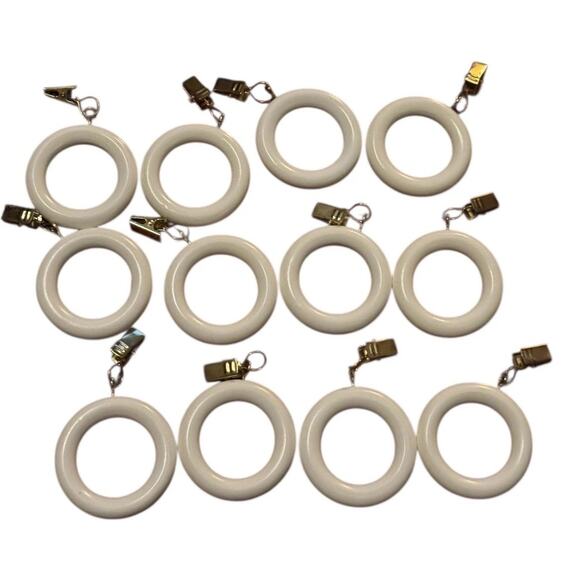 Vintage Curtain Rod Rings w/ Clips Lot of 12 White Wood Look Drapery Hooks - Picture 1 of 3